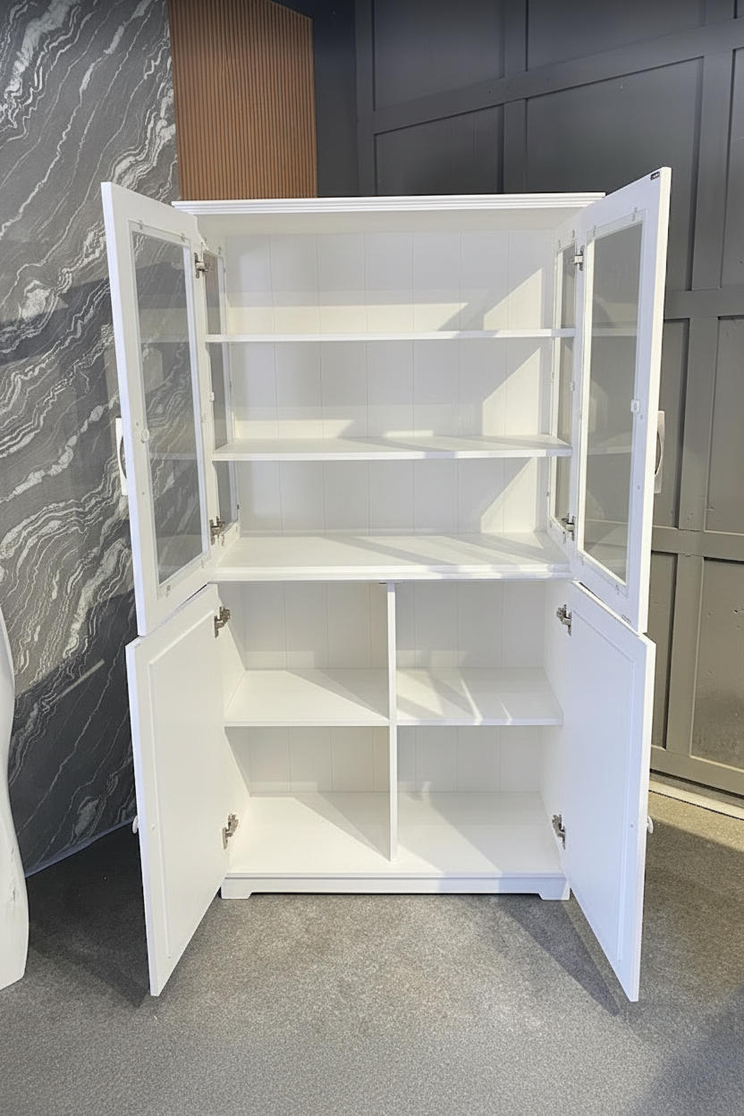 Display cabinet in white finish - open doors