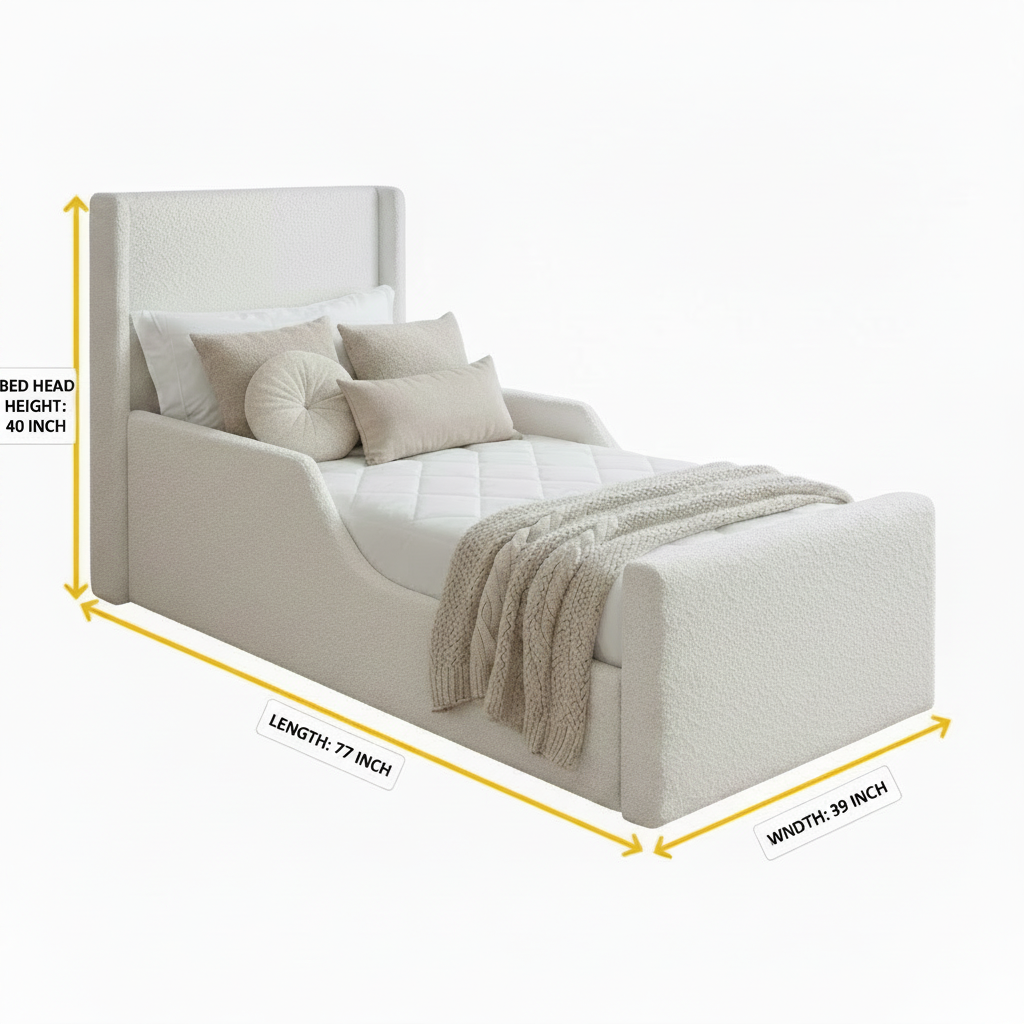 Kids white boucle single upholstered bed with dimension labels on white background