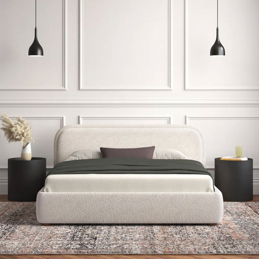Meerab's Curved Headboard with Boucle look upholstered bed