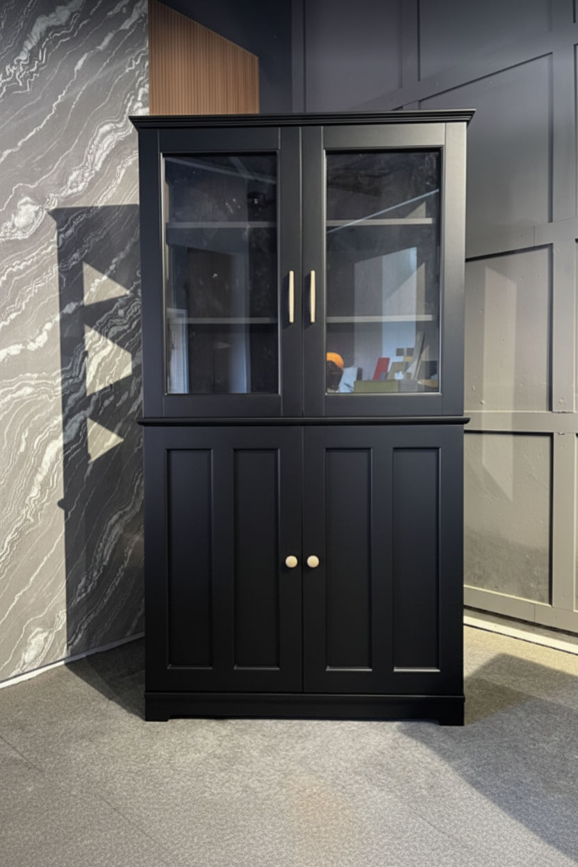 Display cabinet in matte black finish - closed doors