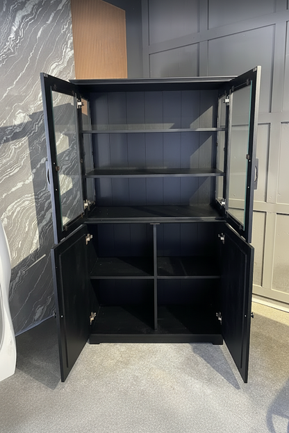 Display cabinet in matte black finish - open doors