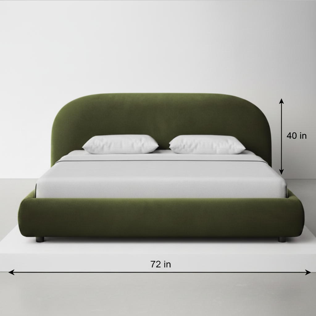 Rounded arch upholstered bed frame in olive green velvet with low-profile platform base on white background