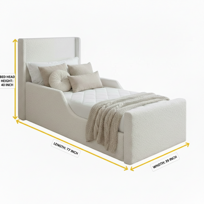 Kids white boucle single upholstered bed with dimension labels on white background