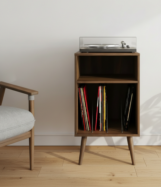 Germania Woods Nightstand styled in room with frames removed, showing walnut cabinet with turntable and vinyl records