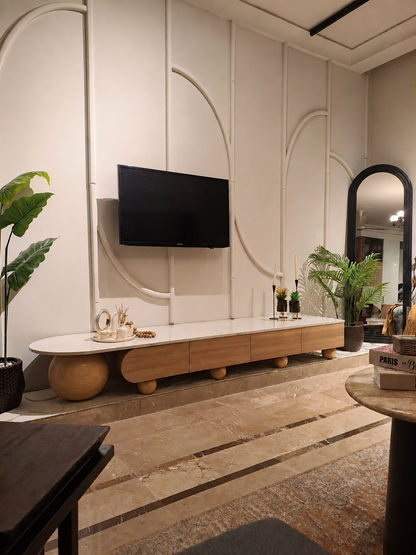Sculpt TV Console – Marble top with Wooden Orbs