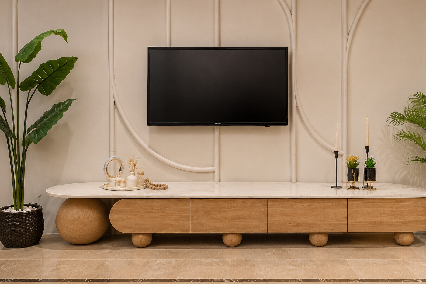 Sculpt TV Console – Marble top with Wooden Orbs